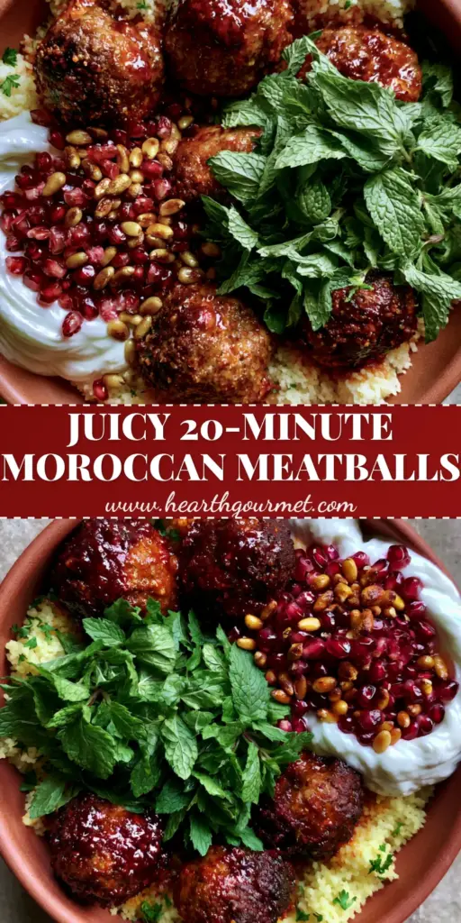 A close-up of glossy Moroccan meatballs with red harissa glaze on a bed of lemon couscous with mint and pomegranate.