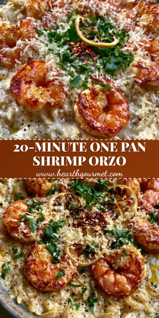 A top-down view of creamy shrimp orzo in a ceramic pan featuring seared jumbo shrimp, fresh parsley, and charred lemon slices.