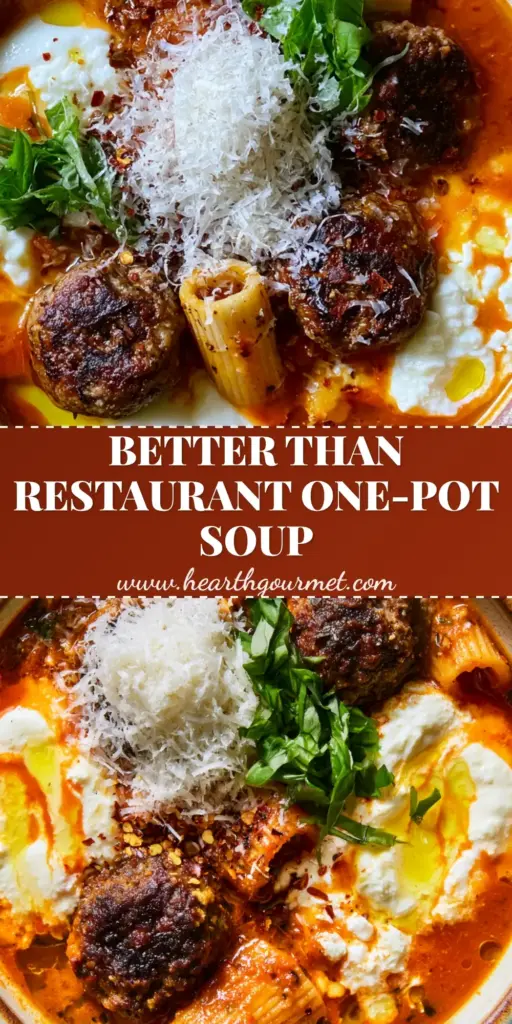 A rustic ceramic bowl of rigatoni meatball soup with seared beef meatballs, melting ricotta swirls, and fresh basil. (rigatoni meatball soup)