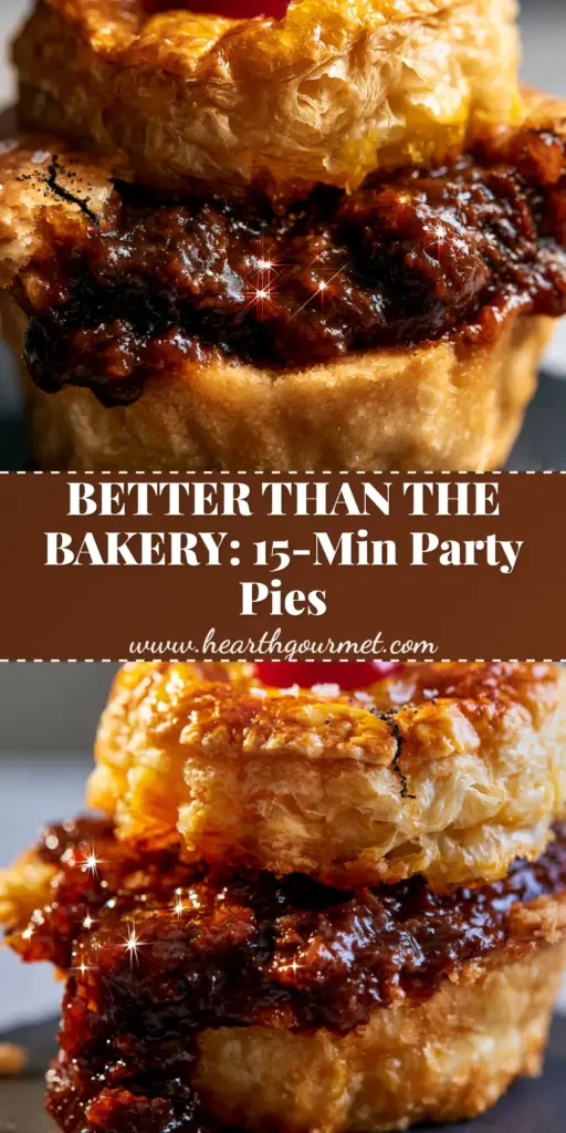 A close-up of a golden Australian Beef Party Pie with a flaky puff pastry lid and a dollop of red tomato sauce.