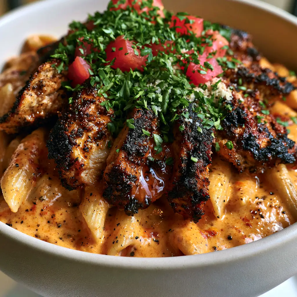 Chilis Cajun Chicken Pasta: The Ultimate Copycat Recipe 2 Macro close-up of thick blackened chicken slices on a bed of creamy orange Cajun penne pasta. (Chilis Cajun Chicken Pasta)