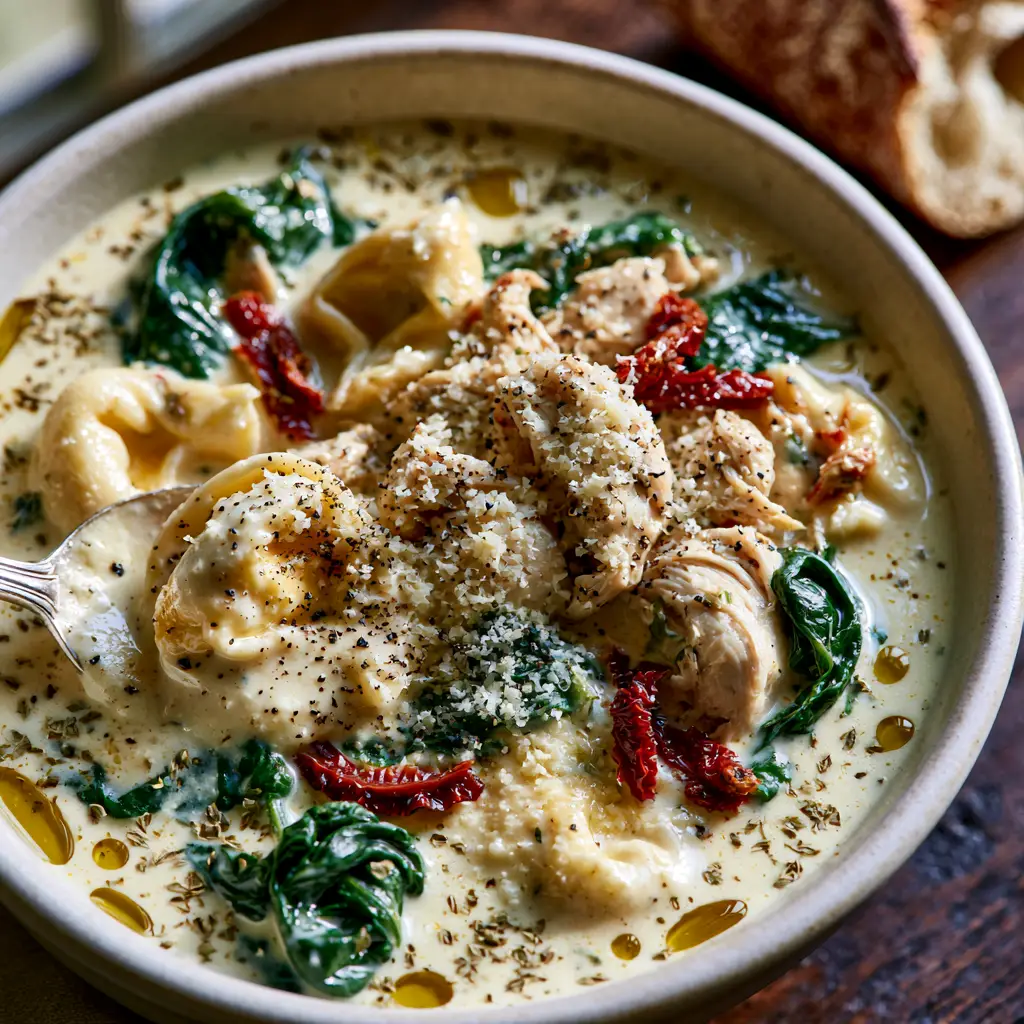 A silver spoon lifting a cheese tortellini from a bowl of creamy Italian chicken soup, revealing the thick coating.