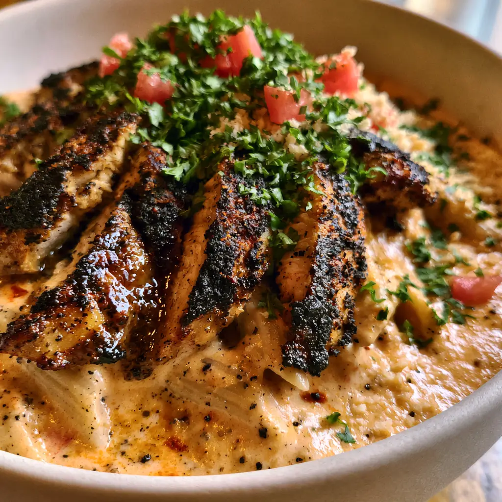 Chilis Cajun Chicken Pasta: The Ultimate Copycat Recipe 1 Wide shot of a white bowl filled with Chilis Cajun Chicken Pasta garnished with bright red tomatoes and green parsley.
