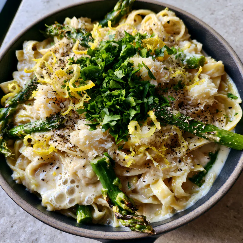 Handheld smartphone photo of Creamy Pasta with Asparagus garnished with lemon zest and cracked black pepper.
