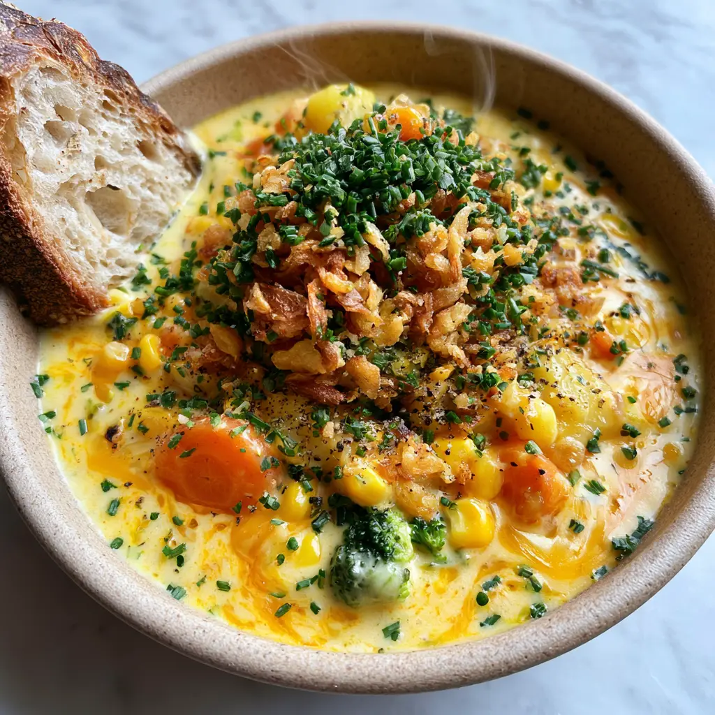 A rustic matte-finish bowl of Cheesy Vegetable Chowder topped with a mountain of crispy golden-brown fried onions and cracked black pepper.