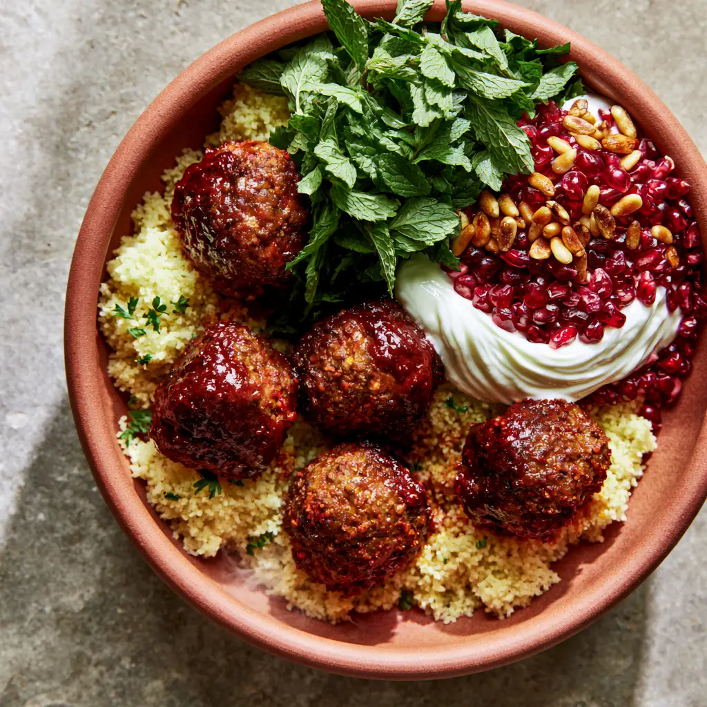 Detailed shot of Moroccan meatballs showing the thick harissa glaze, pomegranate seeds, and toasted pine nuts.