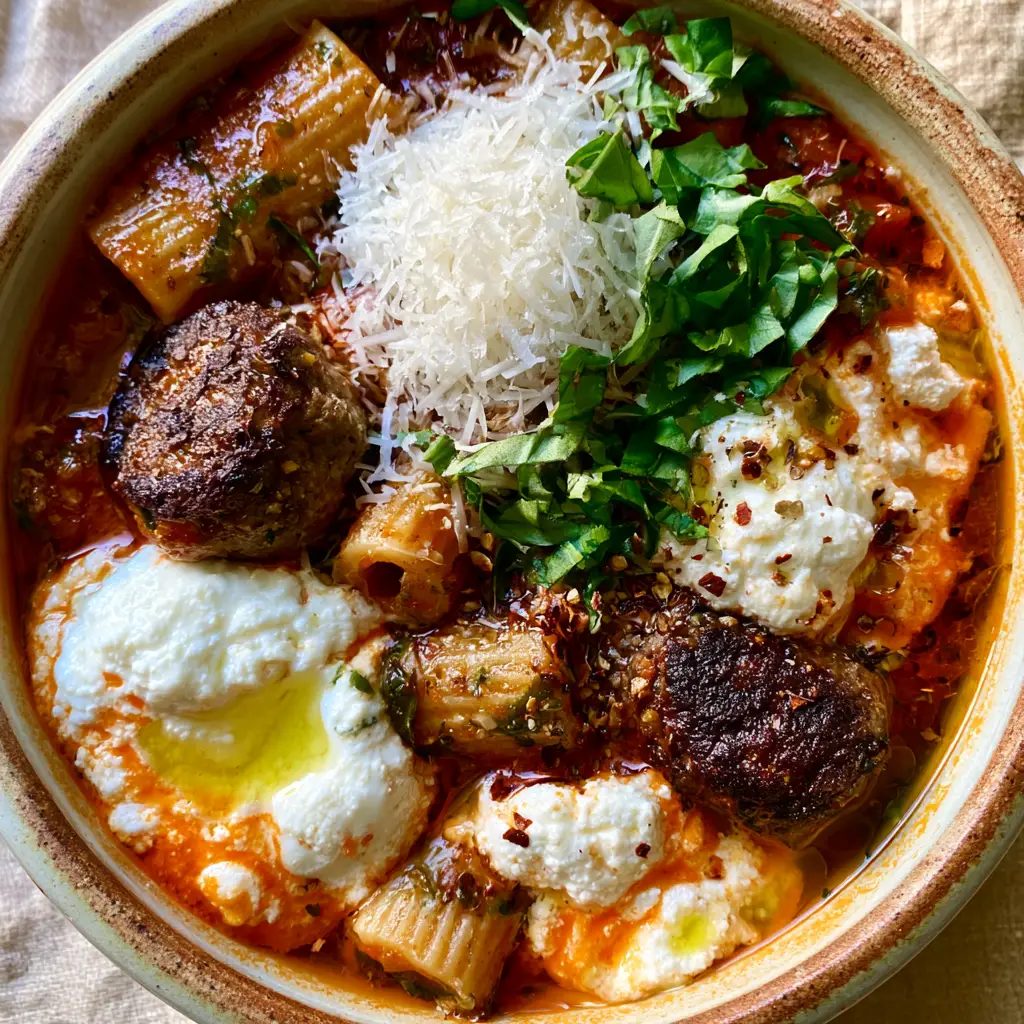 Juicy seared meatballs and a mountain of parmesan cheese in a hearty rigatoni soup bowl.