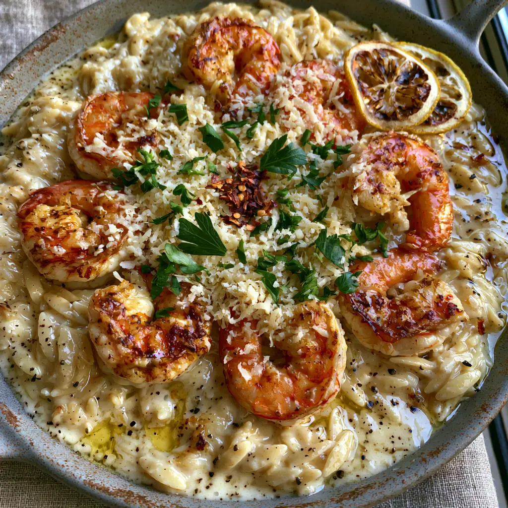 Macro shot of glossy white wine and parmesan cream sauce coating plump orzo pasta with red pepper flakes.