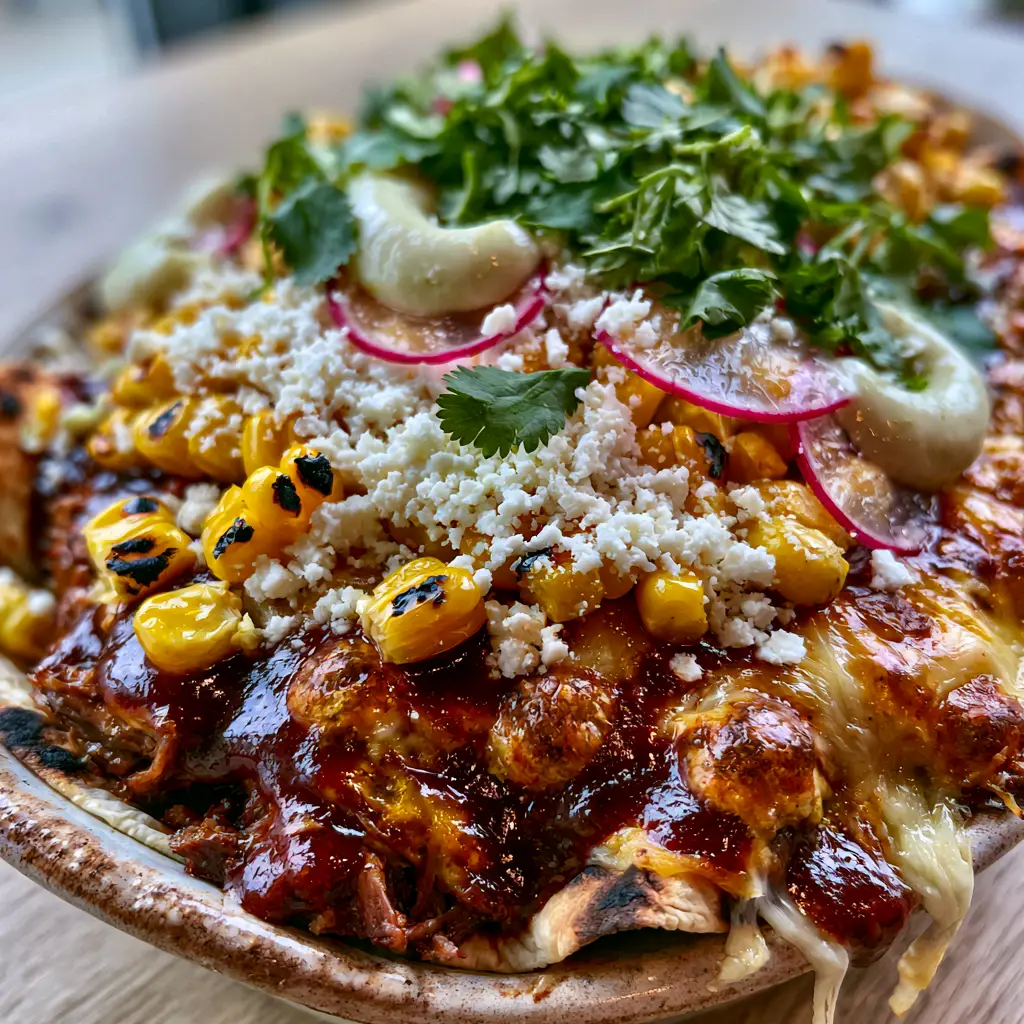 Tex-Mex Recipes: The Ultimate Shredded Beef Enchiladas with Charred Street Corn 2 Close-up of bubbling Monterey Jack cheese and red ancho sauce in Tex-Mex recipes.