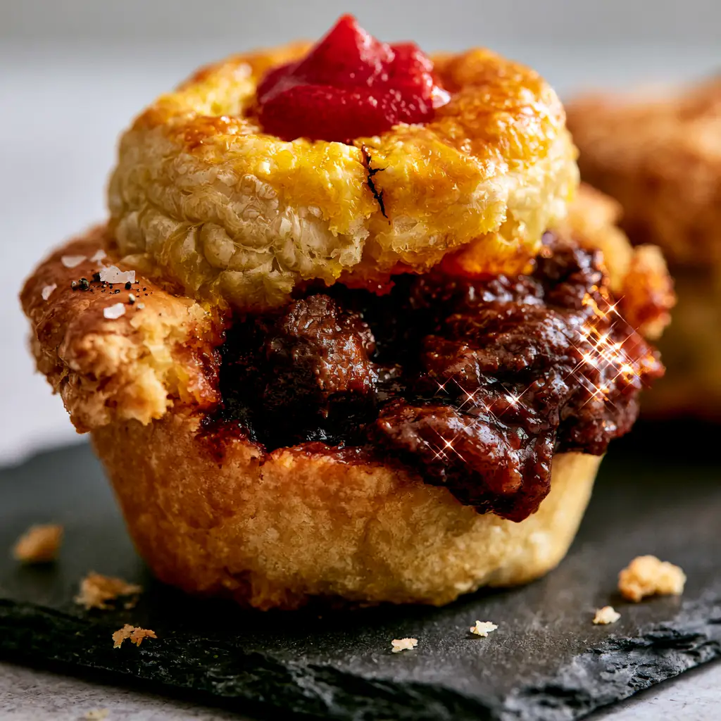 A high-domed Australian Beef Party Pie showing incredible flaky puff pastry layers and glossy egg wash.