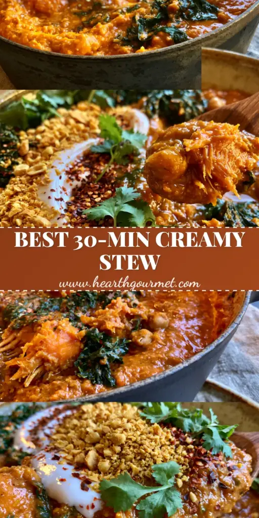 A vertical collage showing a matte-black pot of vibrant sweet potato stew and a close-up macro of a spoonful with peanut garnish.