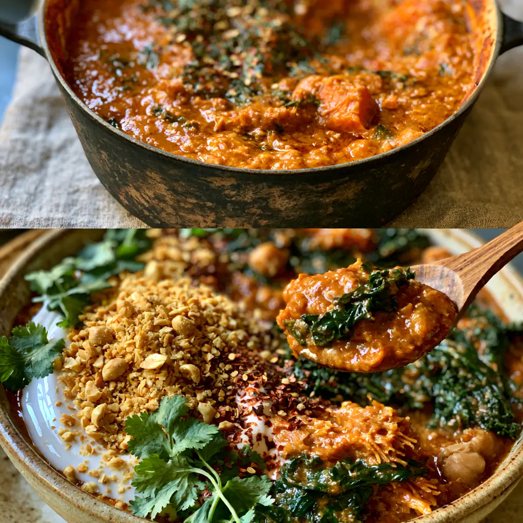 A macro close-up of a wooden spoon lifting a bite of sweet potato stew with a coconut cream swirl and crushed peanuts.