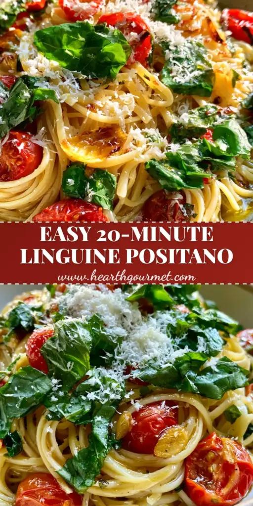 A close-up handheld photo of Linguine Positano in a ceramic bowl with blistered cherry tomatoes, golden garlic, and fresh basil.