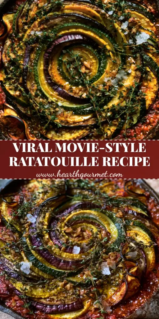 An overhead view of a rustic cast iron skillet filled with a tight spiral of purple eggplant, yellow squash, and green zucchini Ratatouille.