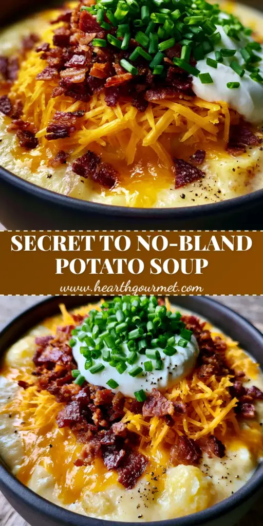 A close-up vertical shot of creamy slow cooker potato soup topped with mahogany bacon, melted orange cheddar, and a sour cream dollop. (potato soup recipes)