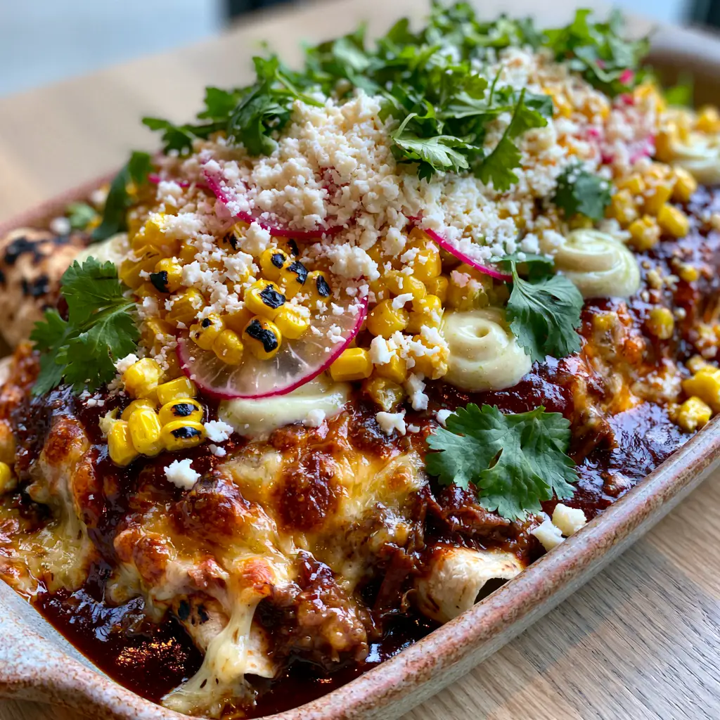 Tex-Mex Recipes: The Ultimate Shredded Beef Enchiladas with Charred Street Corn 1 Visual of charred sweet corn and cotija cheese on Tex-Mex enchiladas.
