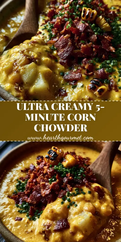 A rustic bowl of creamy corn chowder topped with crispy bacon bits, charred corn kernels, and fresh chives with a wooden spoon.