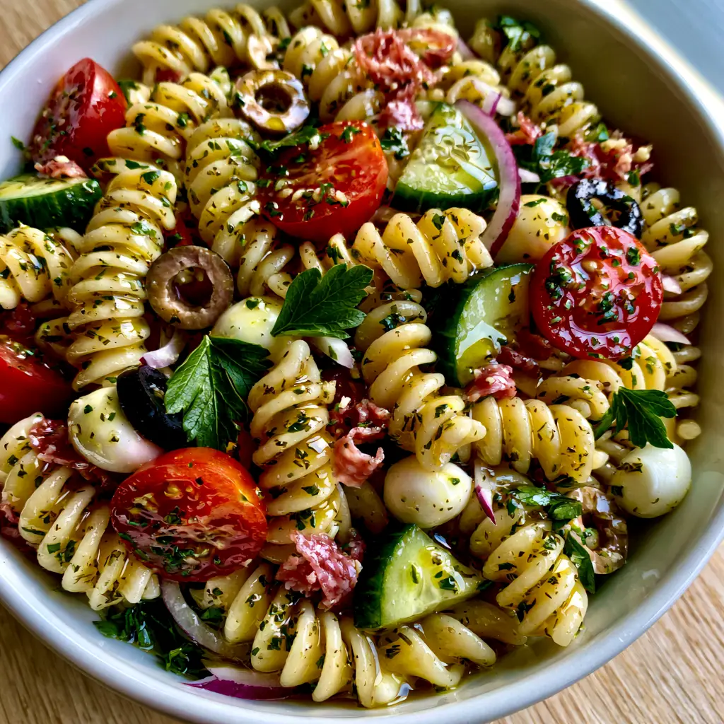 Top-down view of glossy rotini pasta salad with herb vinaigrette and fresh vegetables. (Italian pasta salad recipe)