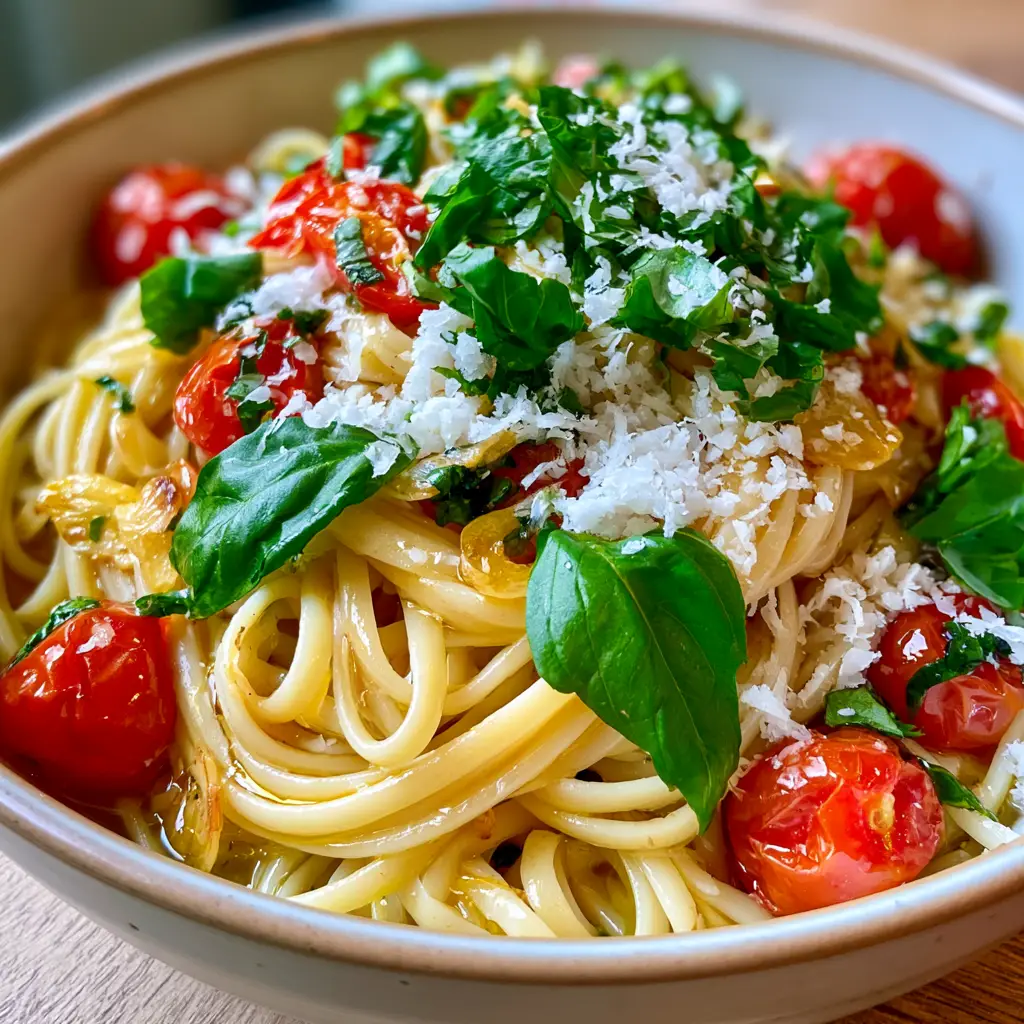 Linguine Positano topped with fluffy grated parmesan cheese and blistered cherry tomatoes.