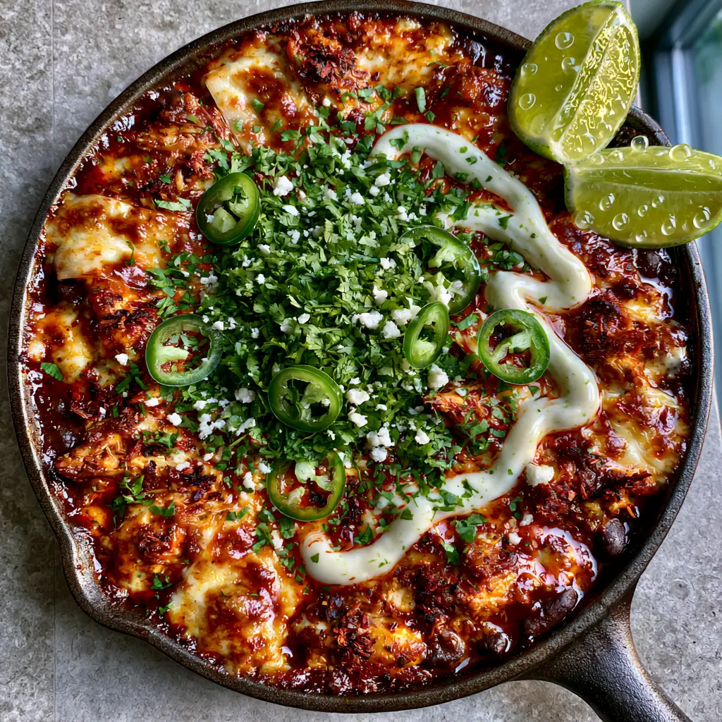 Artistic drizzle of lime crema over a Mexican chicken skillet with cilantro and serrano peppers.