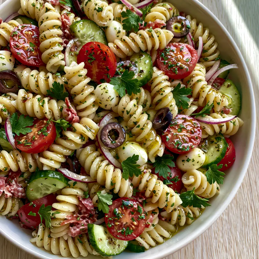 Italian pasta salad recipe: The Ultimate Zesty & Vibrant Crowd-Pleaser 1 Close up of creamy mozzarella pearls and salami ribbons in an Italian pasta salad.