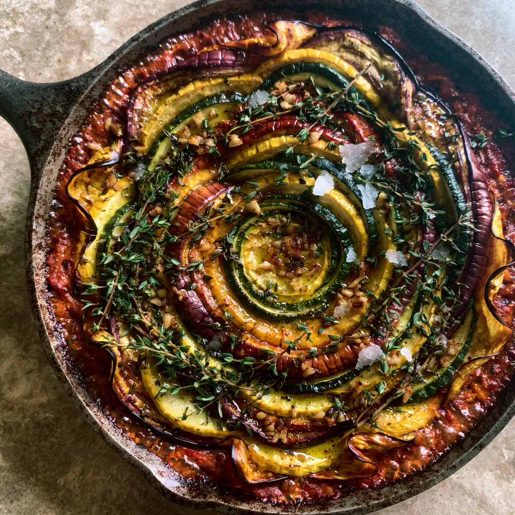Close up of caramelized vegetable edges and bubbling tomato sauce in a Ratatouille dish.