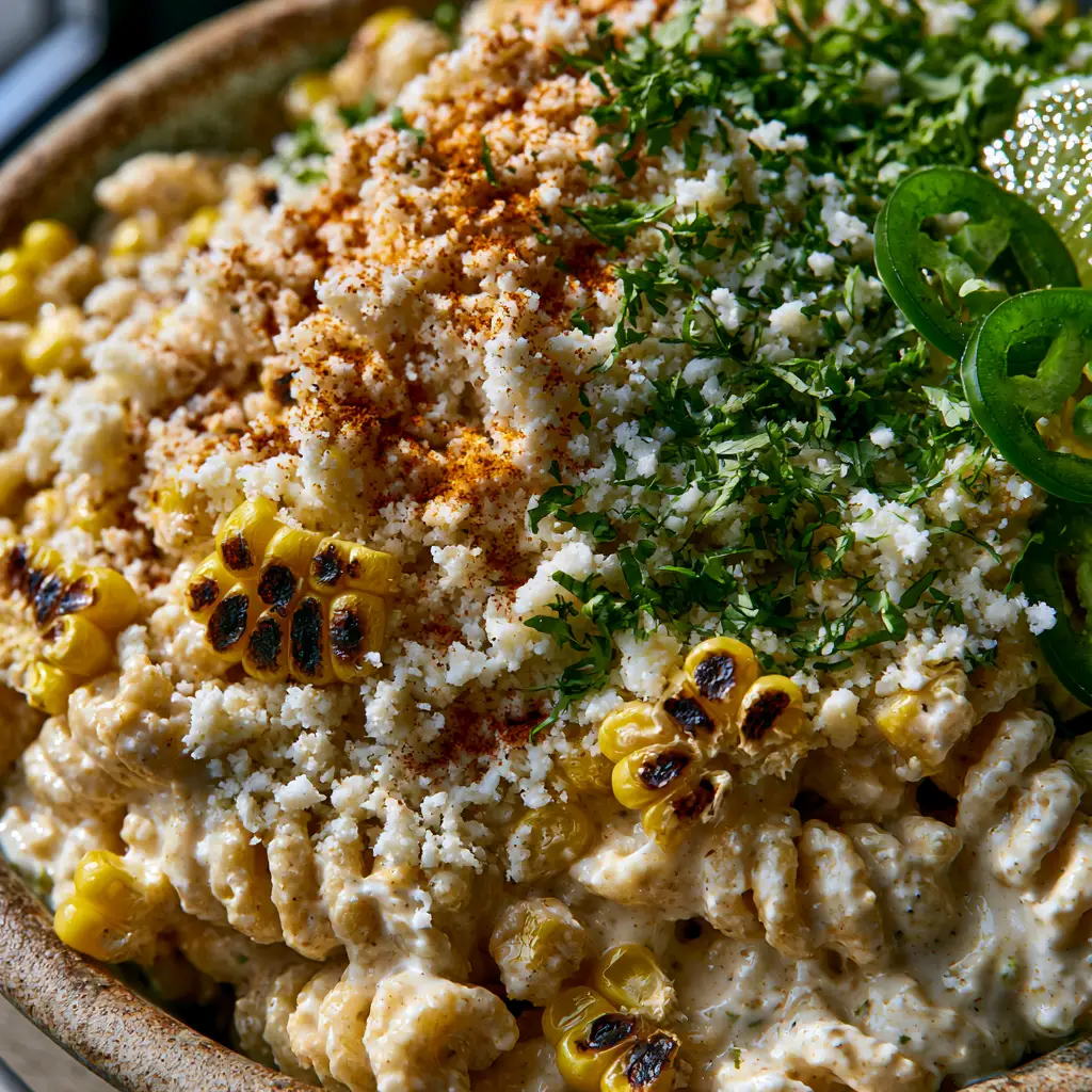 Top-down macro shot focusing on the charred corn and creamy dressing texture of the elote pasta salad. (elote pasta salad)