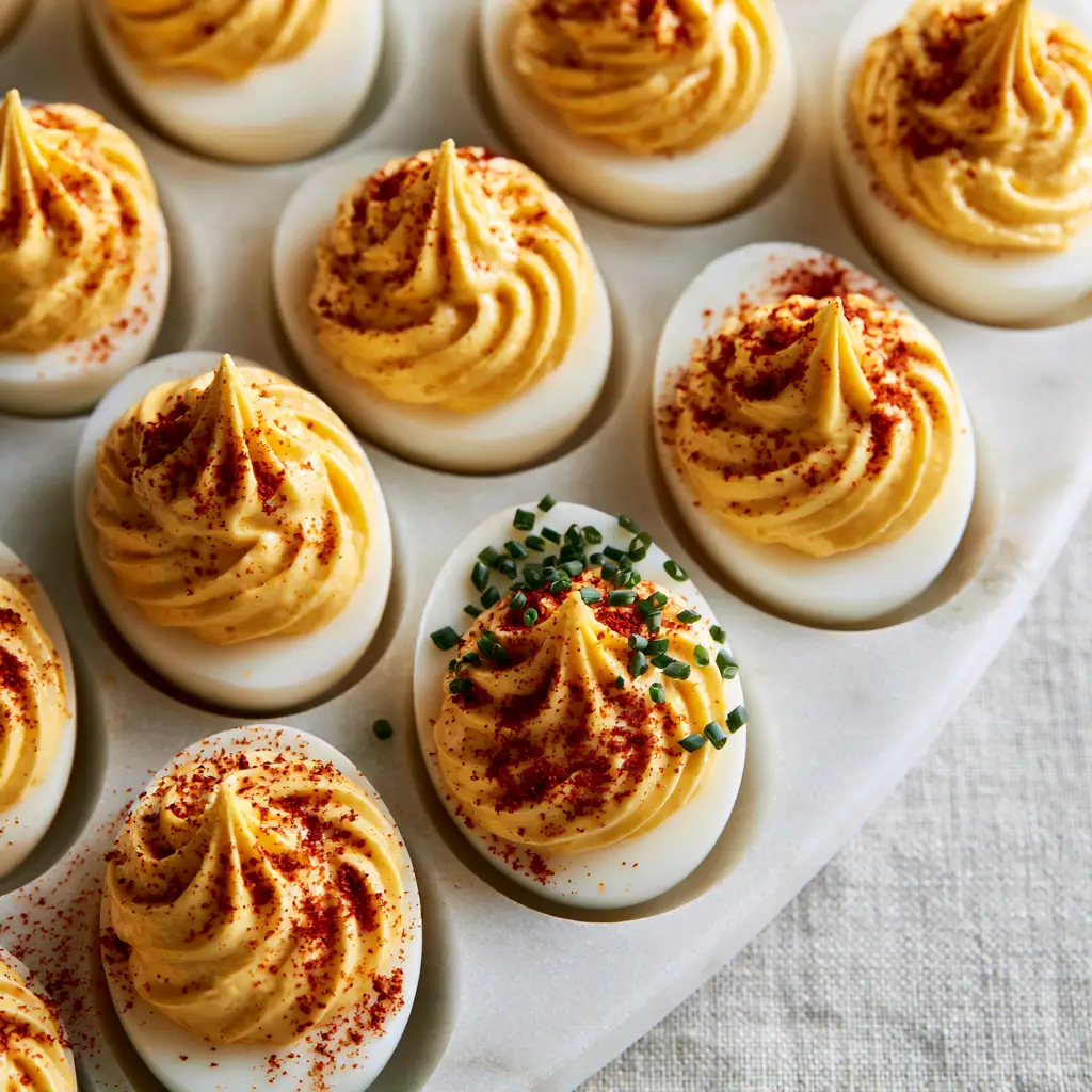Close-up of bright white egg halves seated in marble grooves on a devilled egg plate.