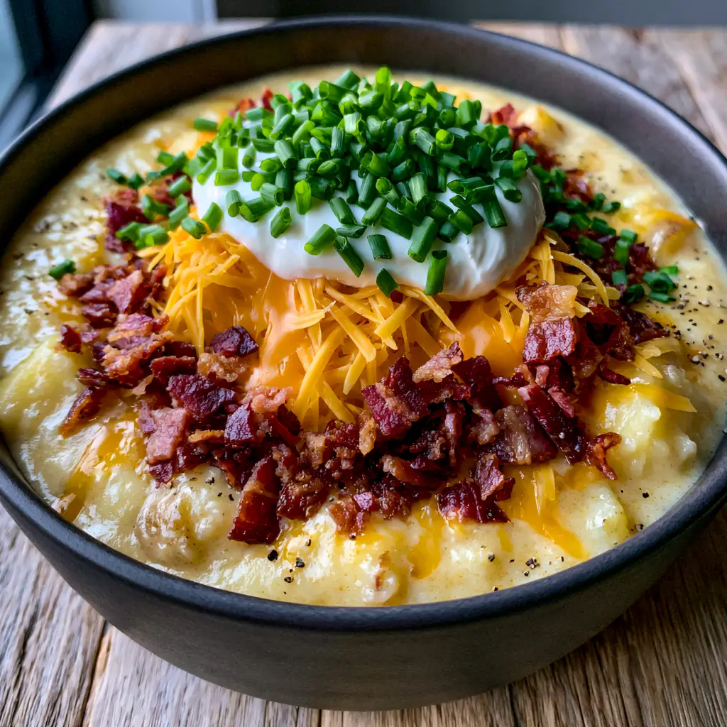 Overhead view of slow cooker potato soup showing melted sharp orange cheddar and crispy mahogany bacon bits.
