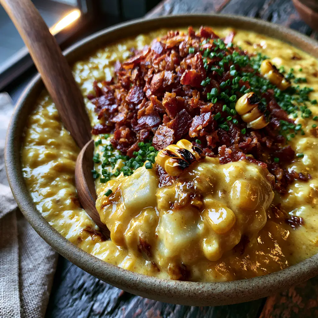 A thick scoop of corn chowder on a wooden spoon showing soft potato cubes and sweet corn kernels.