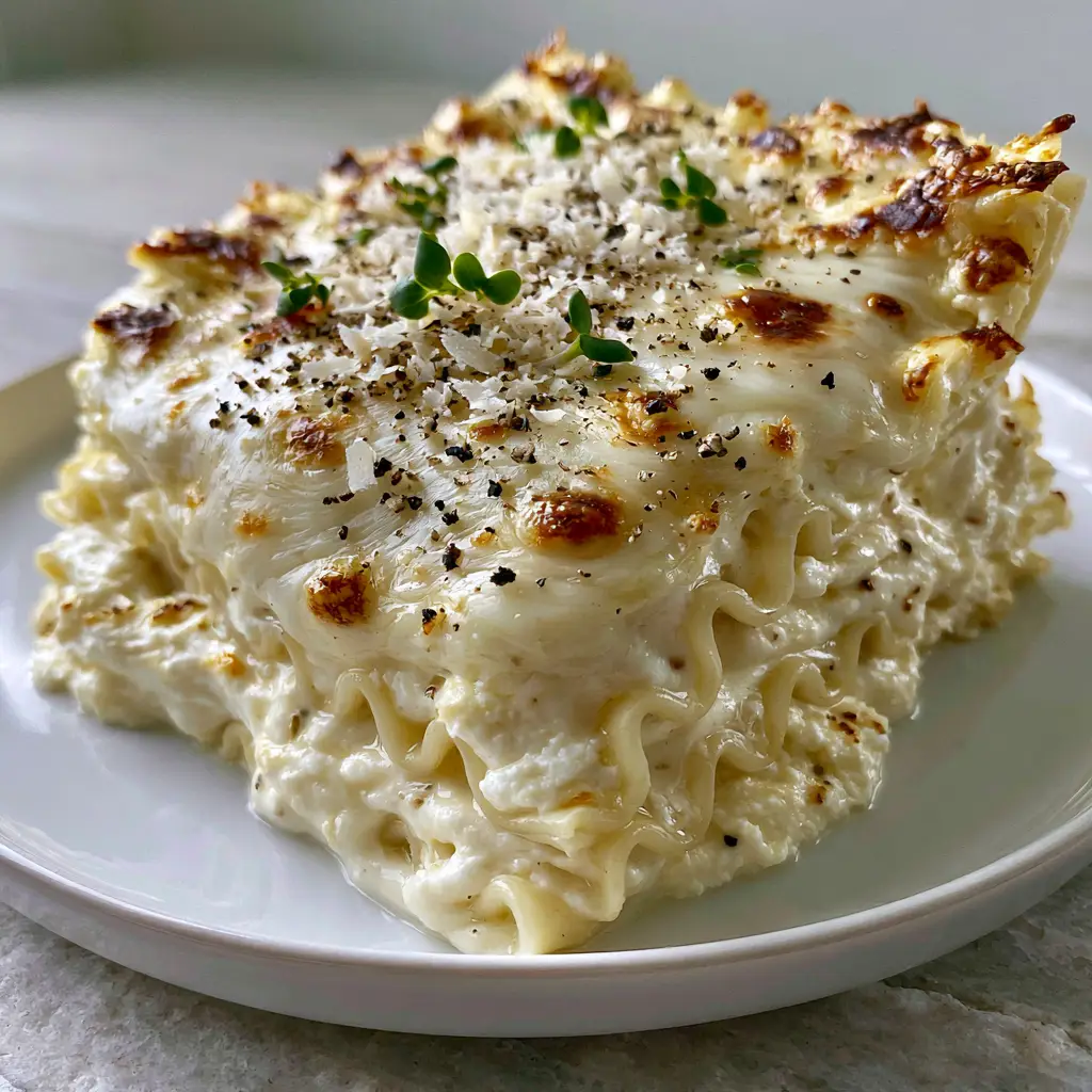 Top view of cheese lasagna featuring bubbly melted mozzarella, golden toasted parmesan spots, and micro-basil garnish.