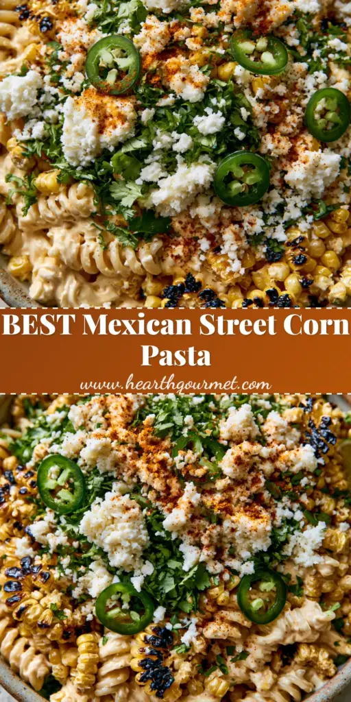 A vertical Pinterest pin showing a close-up of Street Corn Pasta Salad with charred corn, cotija cheese, and jalapeño rings.