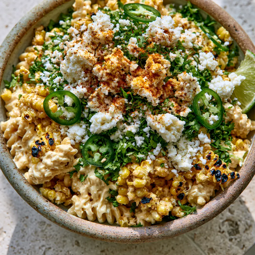 Close-up of rotini pasta coated in thick cream sauce with jalapeño rings and smoked paprika dusting. (Street Corn Pasta Salad)