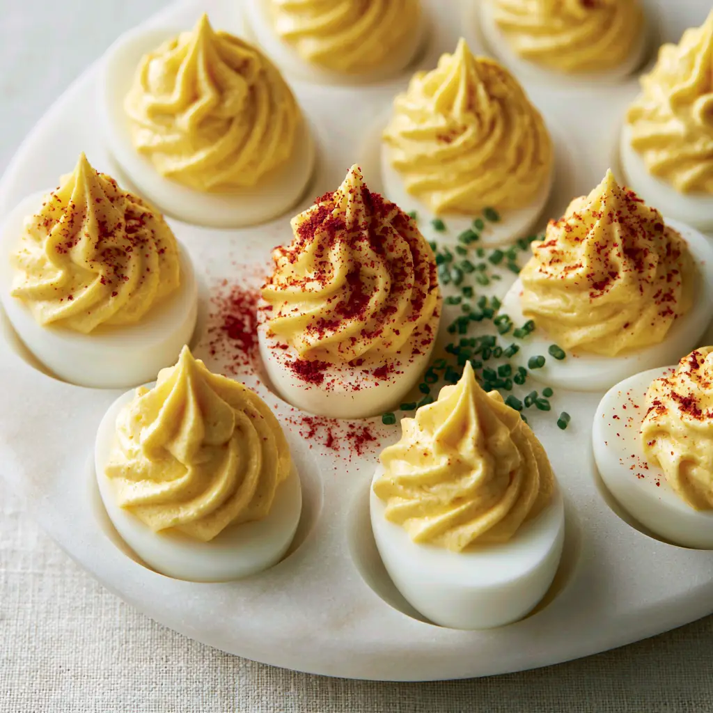 Intricate star-piped yolk swirls on a devilled egg plate with crimson paprika dusting.