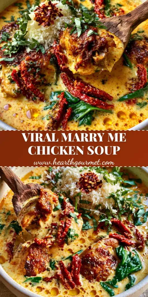 A close-up of Creamy Marry Me Tuscan Chicken Soup in a white bowl, showing seared chicken, orange broth, and spinach. (Creamy Marry Me Tuscan Chicken Soup)