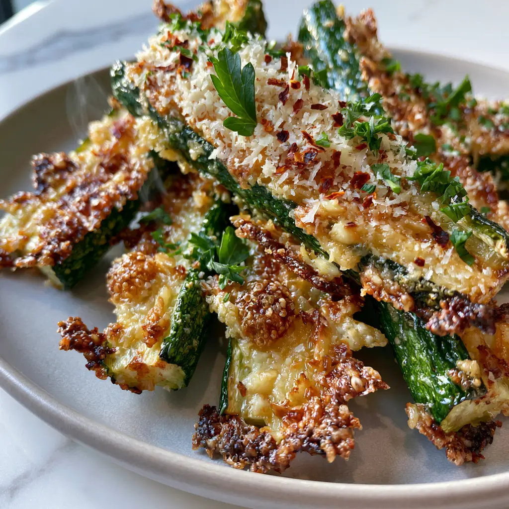Close up of blistered green zucchini skin and micro-planed parmesan garnish on garlic parmesan roasted zucchini.