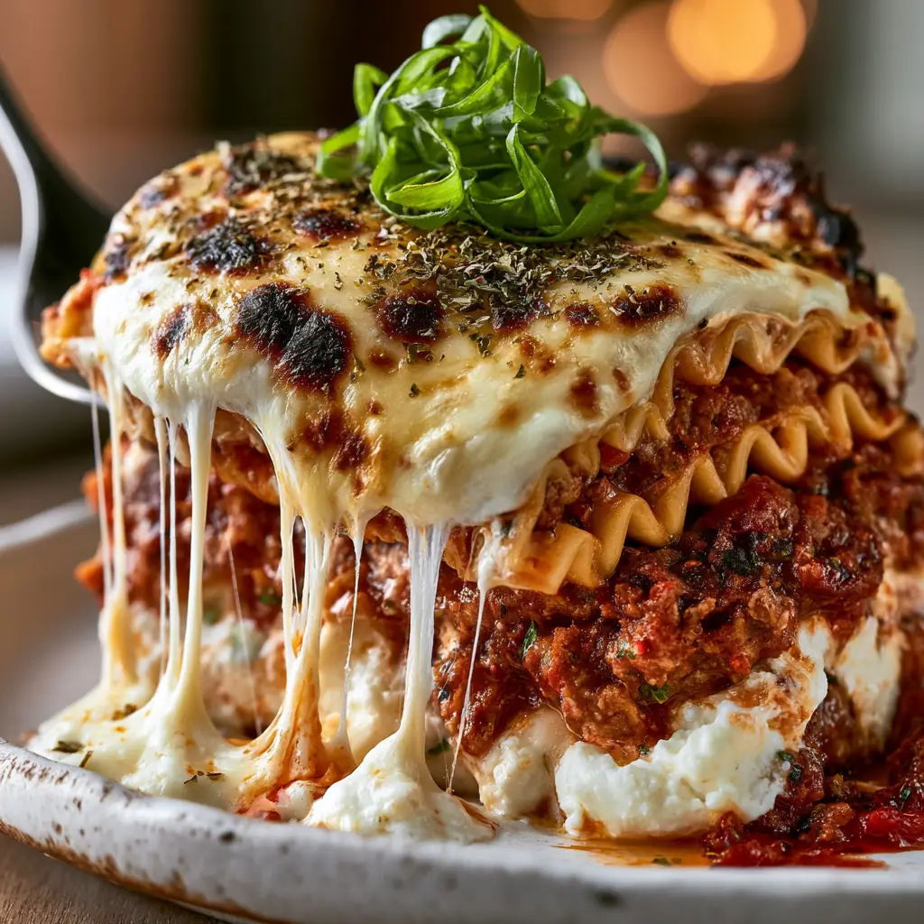 Top view of lasagna with golden-brown mozzarella bubbles and fresh basil chiffonade garnish.