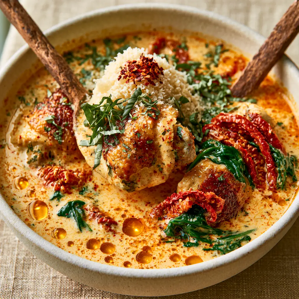 A spoonful of Creamy Marry Me Tuscan Chicken Soup with micro-planed parmesan and basil chiffonade.