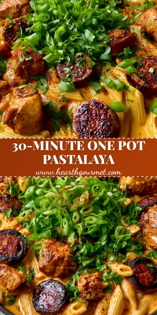 A vertical shot of Creamy One Pot Pastalaya in a cast iron skillet with orange sauce, charred andouille sausage, and green onions. (Pastalaya)