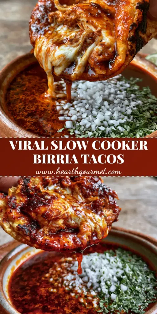 A hand dipping a crispy, golden-red stained chicken birria taco with melted Oaxaca cheese into a rich, deep-red consommé.
