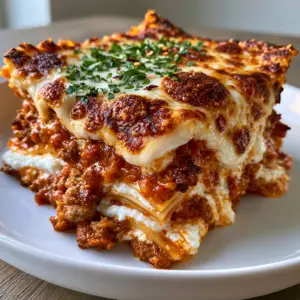 Extreme close-up of meat lasagna showing browned ground beef crumbles and melted mozzarella with toasted golden spots.