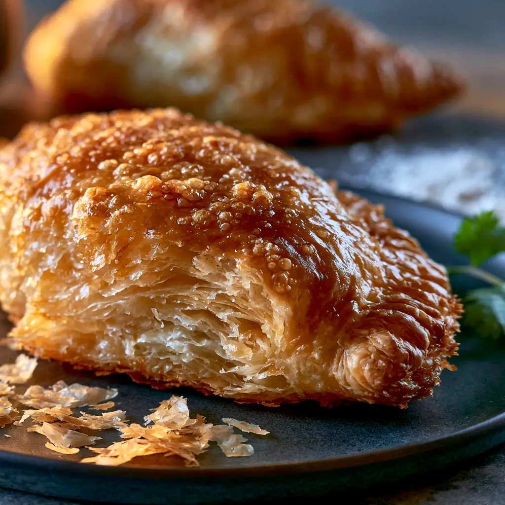 Close-up of the glossy egg-wash sheen and crispy air bubbles on a deep golden-brown empanada crust.
