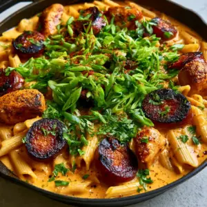 Top-down angled close-up of Pastalaya in a rustic black cast iron skillet showing thick orange Cajun cream sauce and ridge-textured penne. (Pastalaya)