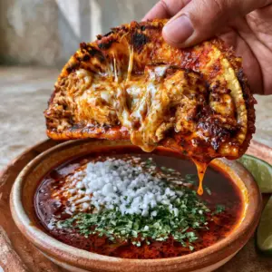 Close-up of succulent shredded chicken breast and thigh inside a charred corn tortilla with visible droplets of reddish fat.