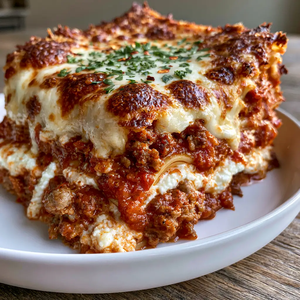 Thick slice of meat lasagna on a modern white plate featuring fresh parsley sprinkles and red pepper flakes.