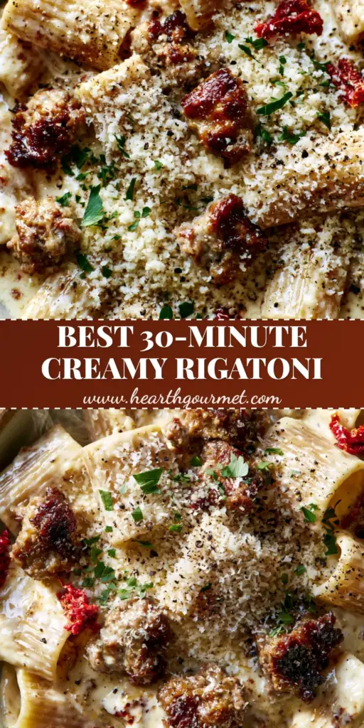 A tall Pinterest pin image showing a rustic ceramic bowl of creamy sausage rigatoni with caramelized sausage, sun-dried tomatoes, and fresh parsley garnishes.