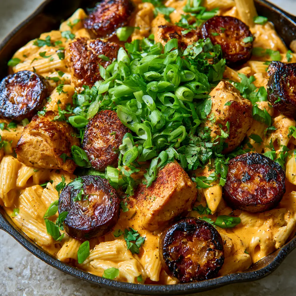 Close up shot of Pastalaya featuring charred mahogany andouille sausage rounds and golden seared chicken chunks topped with scallions.