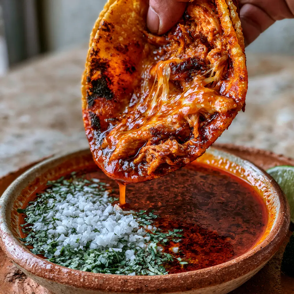 Handheld photo of chicken birria tacos with melted stringy Oaxaca cheese, garnished with white onions and cilantro.