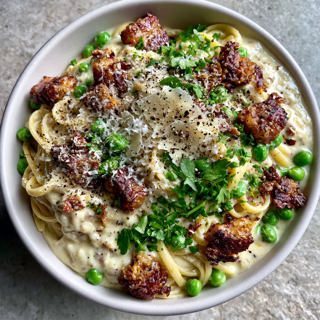 Creamy Pasta with Sweet Peas and Crispy Pancetta: The Ultimate Guide 2 High-angle view of a thick, velvety ivory-colored Parmesan cream sauce coating al dente linguine. (Creamy Pasta with Sweet Peas and Crispy Pancetta)