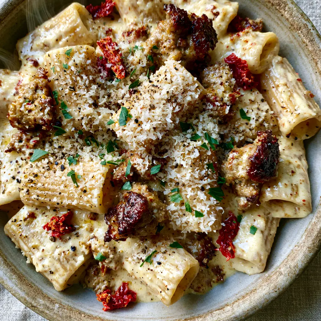 Close up shot of ridged rigatoni pasta coated in thick cream sauce with sun-dried tomatoes and cracked black pepper.